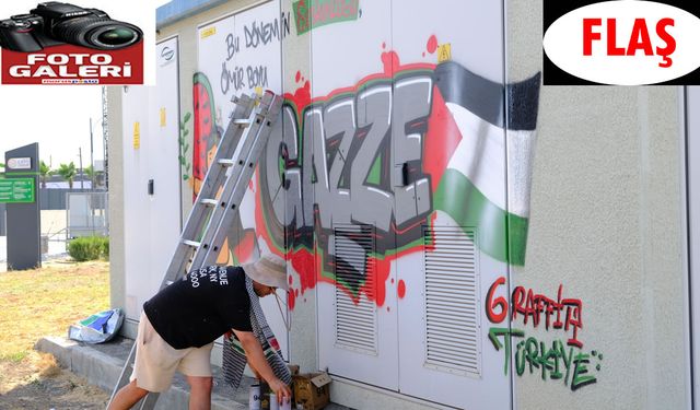 Filistin temalı grafitilerle trafoları vicdan anıtına dönüştürdü