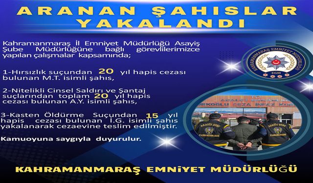 Kahramanmaraş’ta Aranan 3 Hükümlü Yakalandı