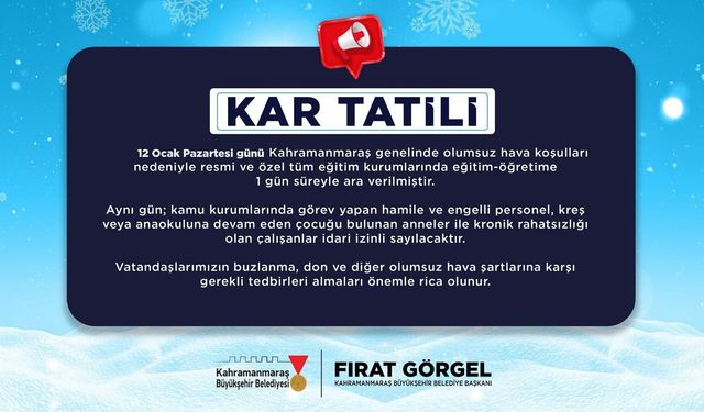 Olumsuz Hava Koşulları Nedeniyle Eğitime 12 Ocak’ta Ara Verildi