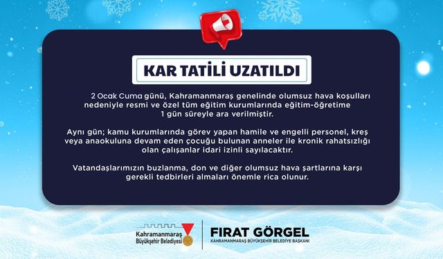 Olumsuz Hava Koşulları Nedeniyle 2 Ocak’ta Eğitime 1 Günlük Ara!