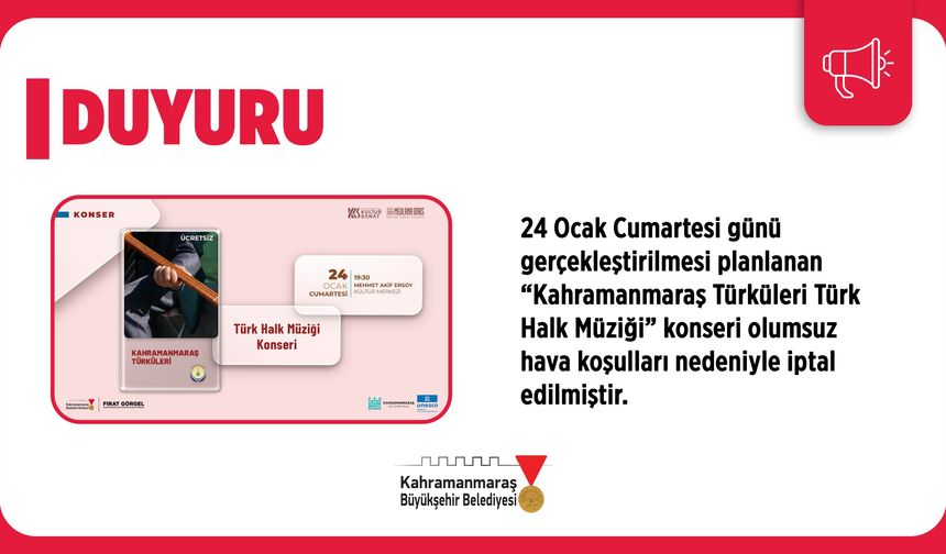 Kahramanmaraş Türküleri Konseri, Olumsuz Hava Koşulları Nedeniyle İptal Edildi