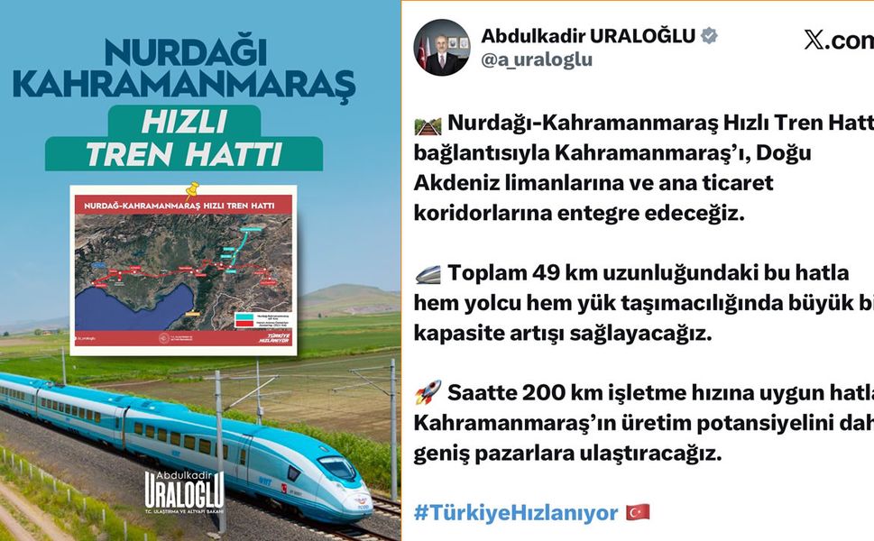 Kahramanmaraş, hızlı trenle Doğu Akdeniz limanlarına bağlanacak
