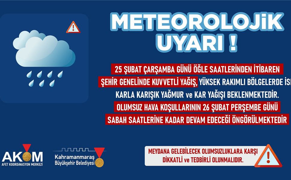Kahramanmaraş Genelinde Kuvvetli Yağış Uyarı!
