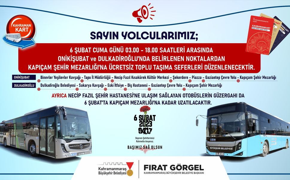 Büyükşehir’den 6 Şubat’ta Mezarlık Ziyaretleri İçin Ücretsiz Ulaşım