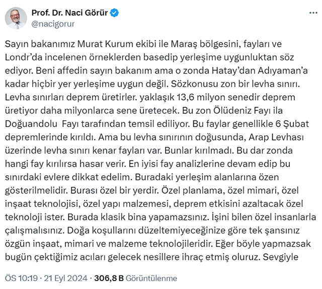 Naci Görür'den Murat Kurum'un Açıkladığı Maraş Raporuna Itiraz0