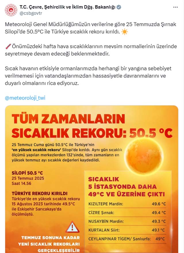Tüm Zamanların Sıcaklık Rekoru 25 Temmuz'da 50,5 Dereceyle Silopi'de Kırıldı0