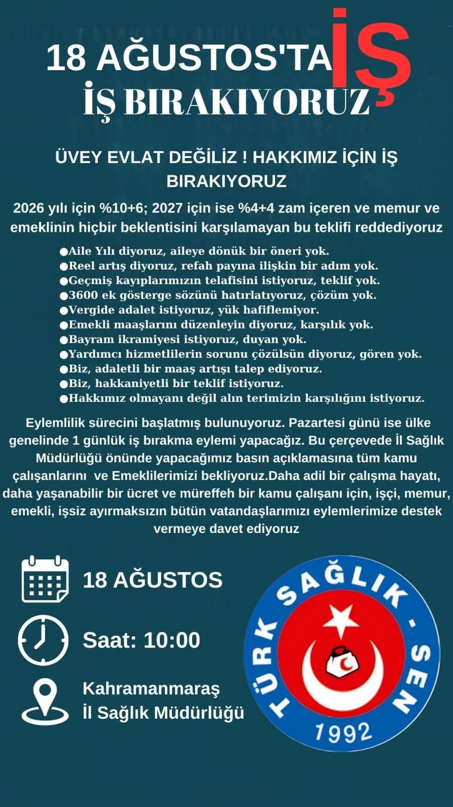 18 Ağustos’ta Sağlık Çalışanlarından İş Bırakma Eylemi