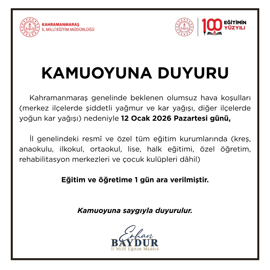 Kahramanmaraş’ta Eğitime Kar Engeli! Okullar 1 Gün Tatil Edildi