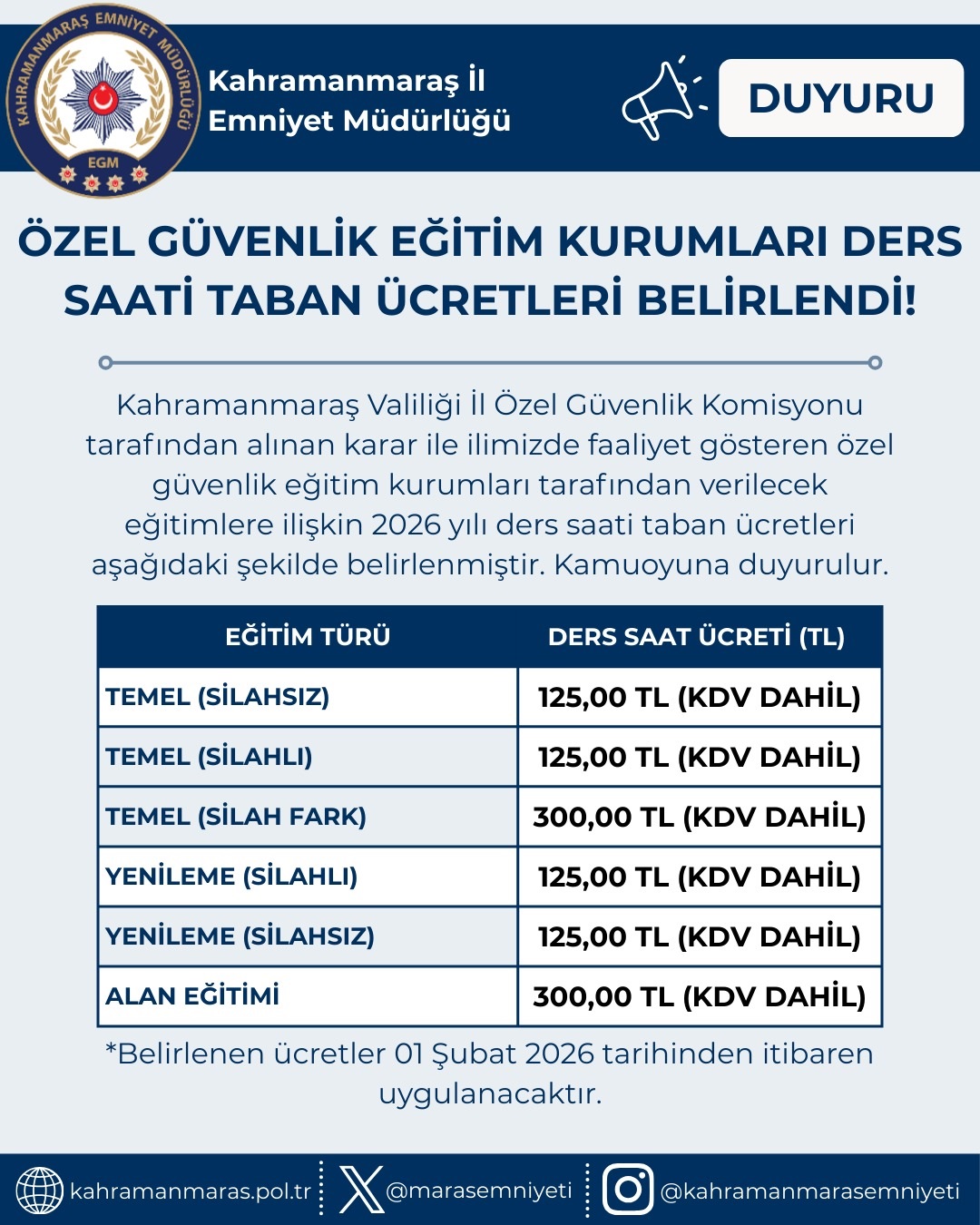 Özel Güvenlik Eğitim Ücretleri 2026 Yılı İçin Belirlendi
