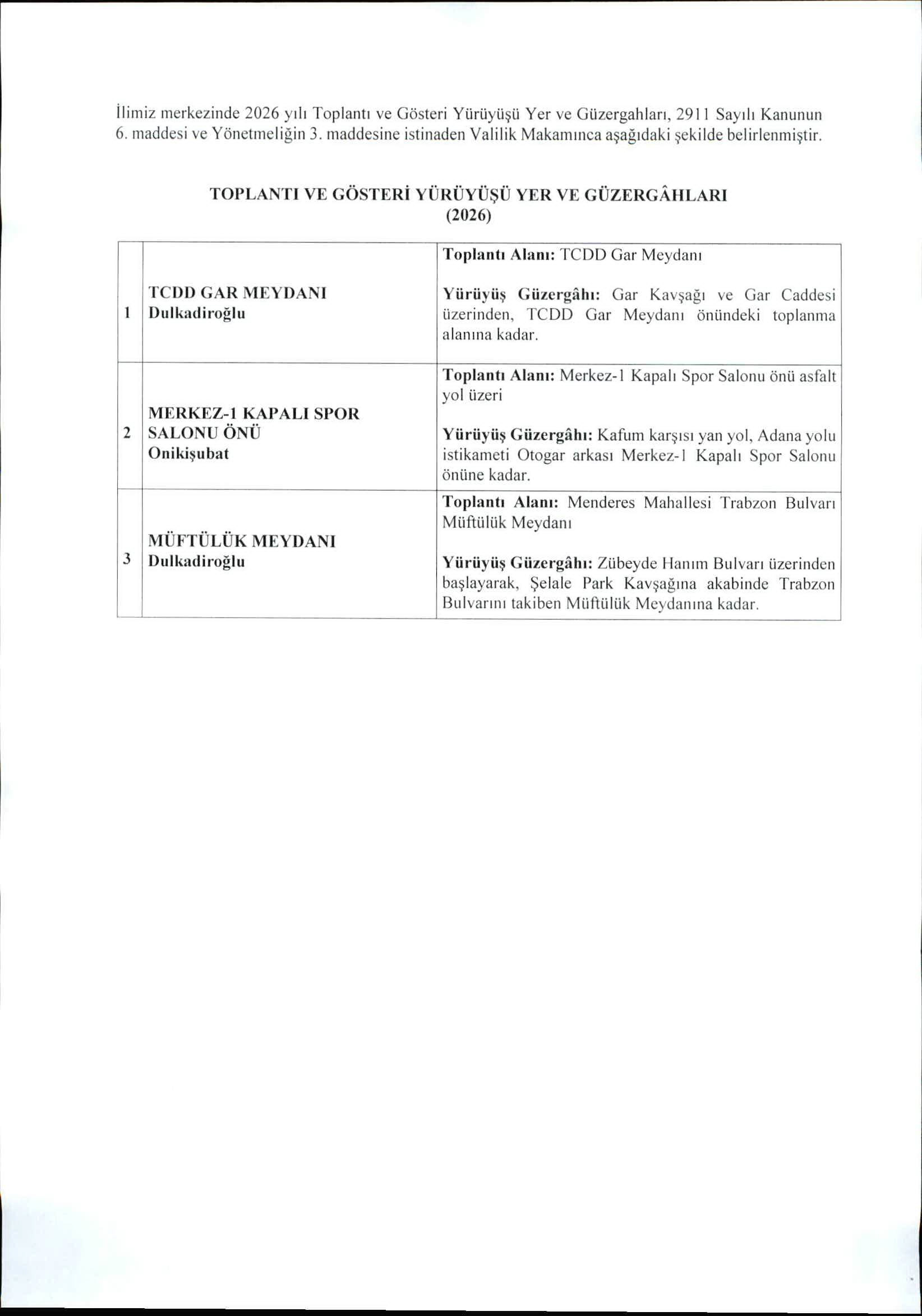 Toplanti Ve Gosteri Yuruyusu Yer Ve Guzergahlari