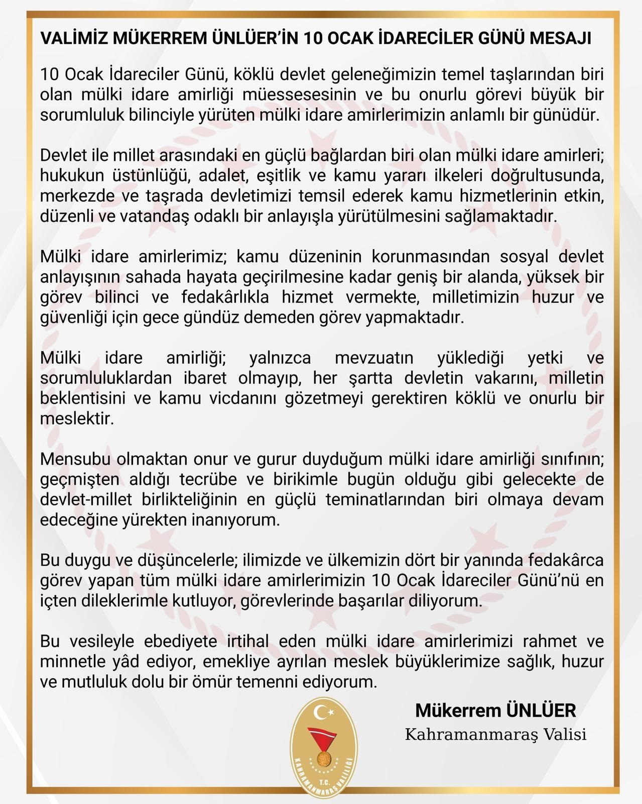 Vali Mükerrem Ünlüer’in 10 Ocak İdareciler Günü Mesajı