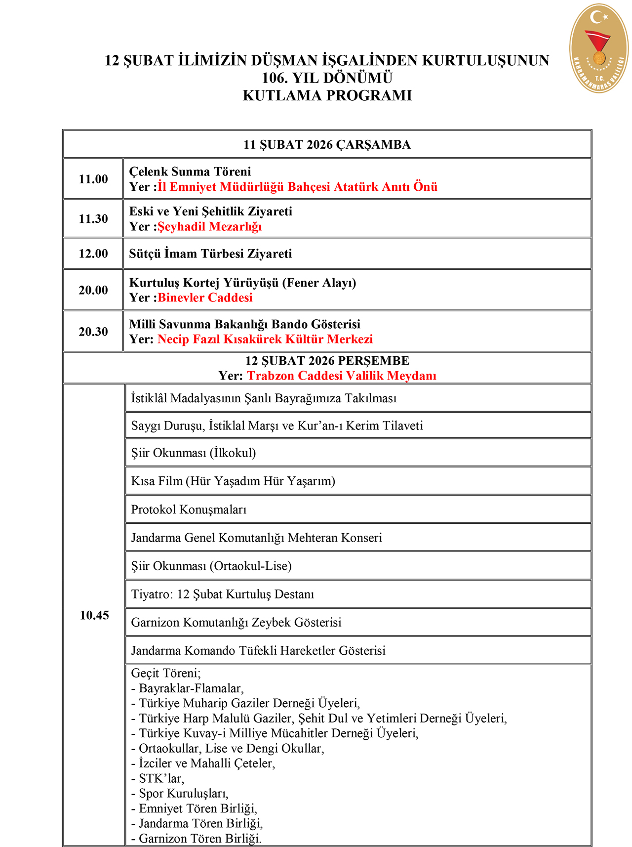 12 Şubat 2026 Programı