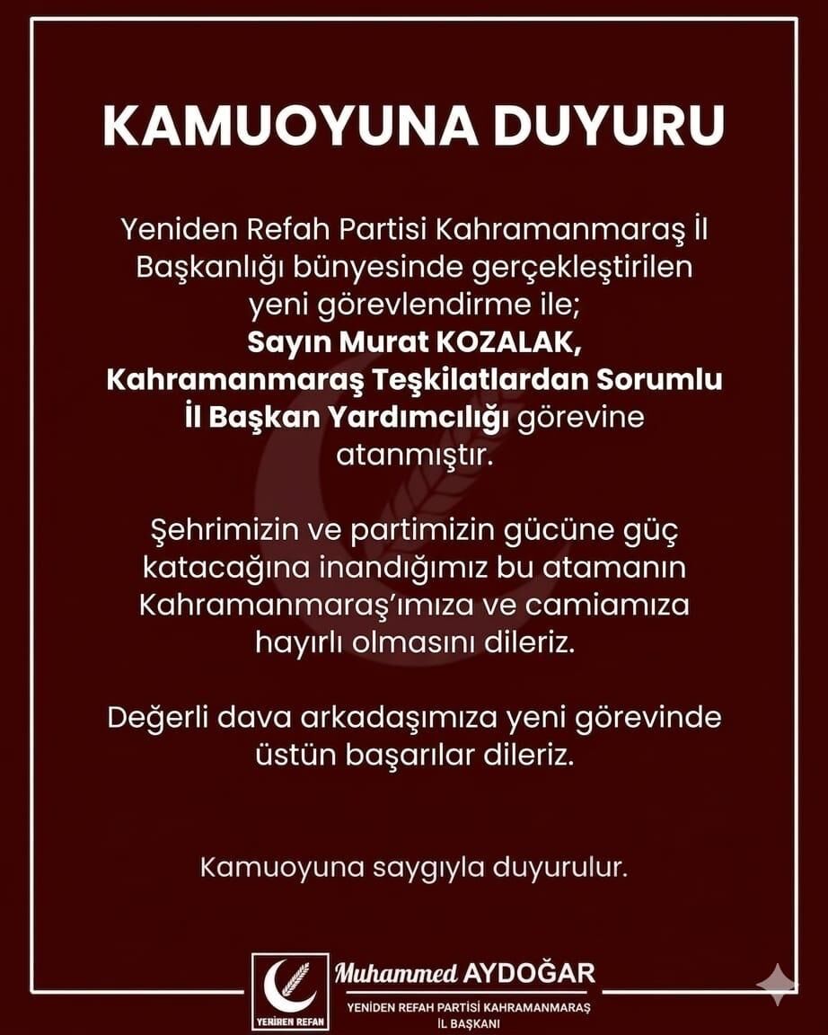 Yeniden Refah Partisi Kahramanmaraş Teşkilatında Yeni Görevlendirme (2)
